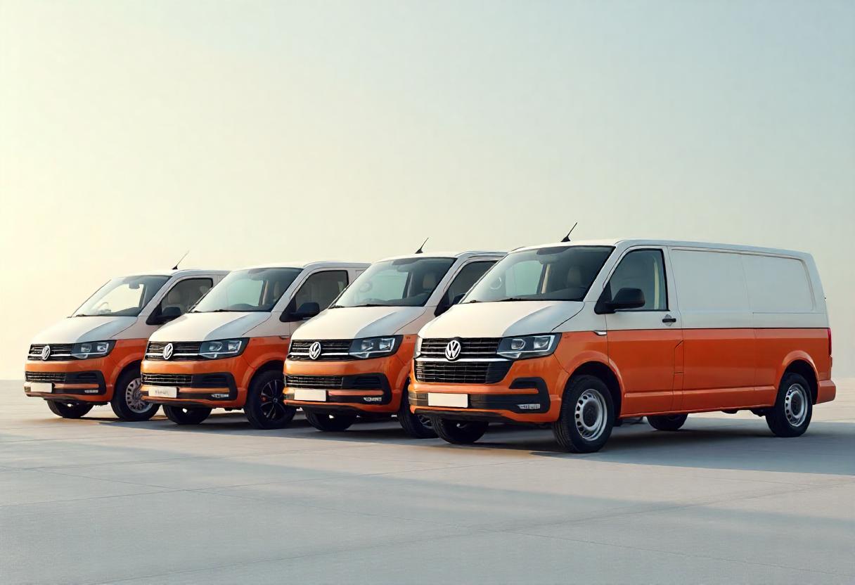 VW Transporter Modellübersicht – Vom T3 Klassiker bis zum modernen T7 Alle VW Transporter Modelle von T3 bis T7 im direkten Design- und Größenvergleich nebeneinander aufgereiht